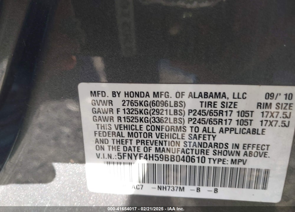 2011 HONDA PILOT EX-L VIN: 5FNYF4H59BB040610