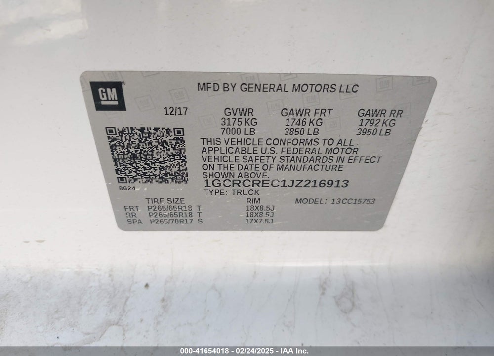 2018 CHEVROLET SILVERADO 1500 1LT VIN: 1GCRCREC1JZ216913