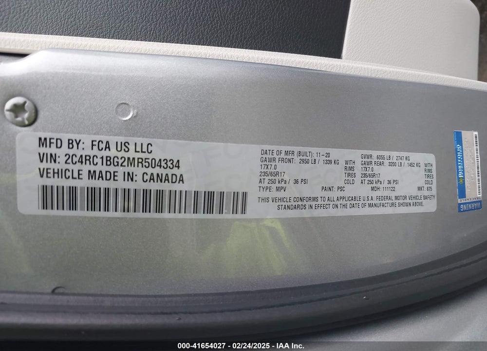 2021 CHRYSLER PACIFICA VIN: 2C4RC1BG2MR504334