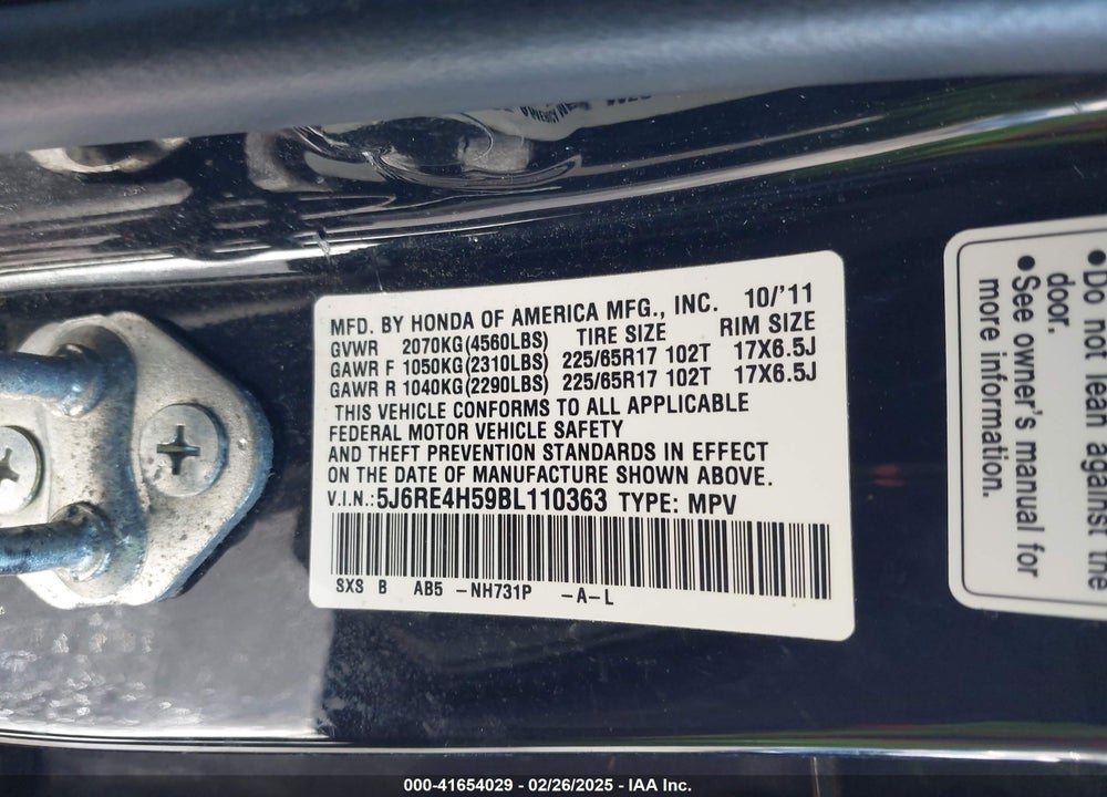 2011 HONDA CR-V VIN: 5J6RE4H59BL110363