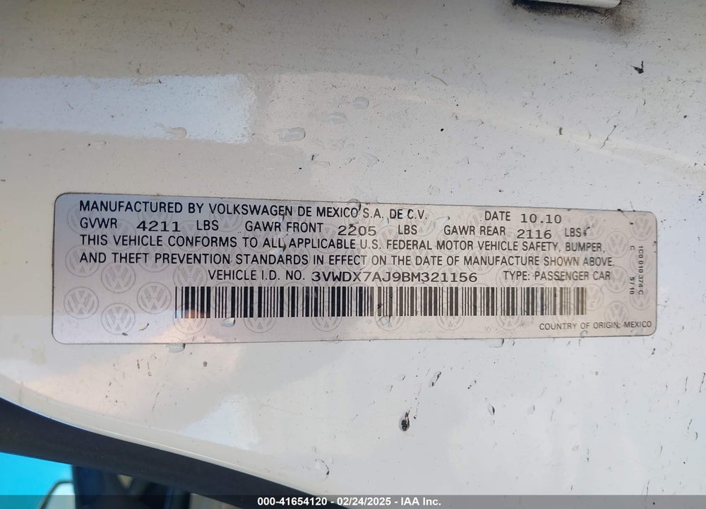 2011 VOLKSWAGEN JETTA 2.5L SE VIN: 3VWDX7AJ9BM321156