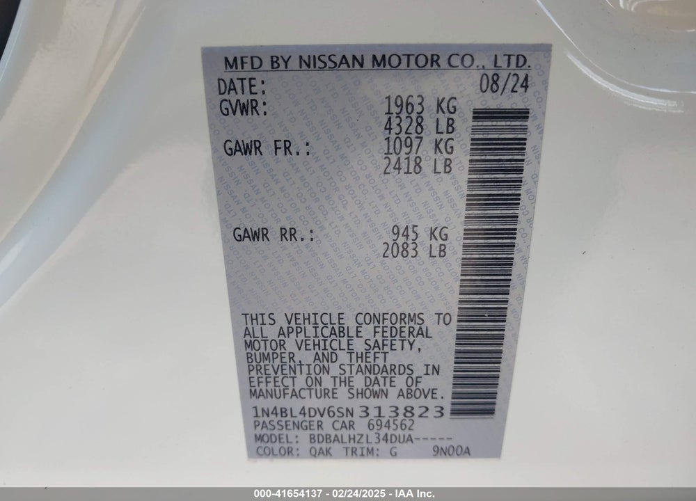 2025 NISSAN ALTIMA VIN: 1N4BL4DV6SN313823