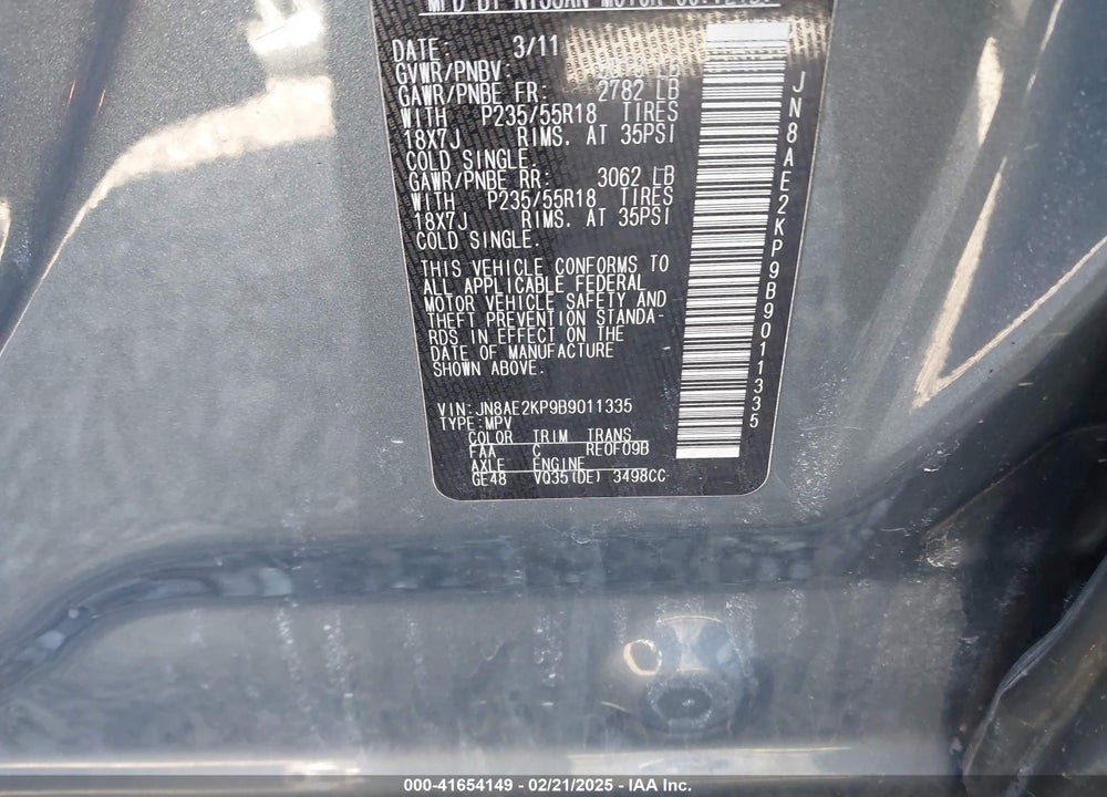 2011 NISSAN QUEST SL VIN: JN8AE2KP9B9011335