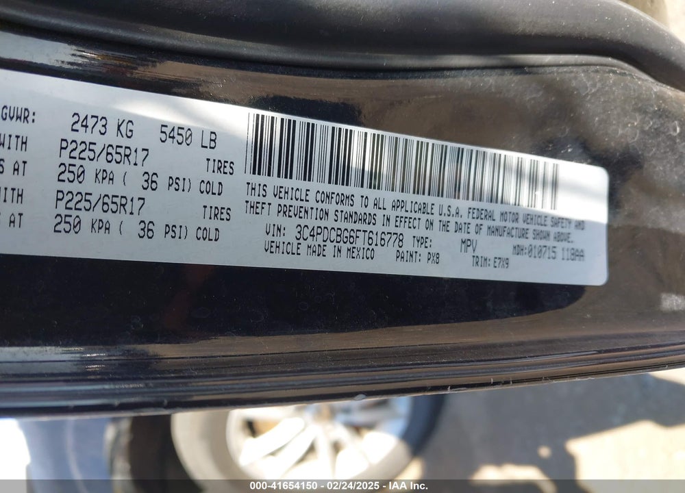 2015 DODGE JOURNEY VIN: 3C4PDCBG6FT616778