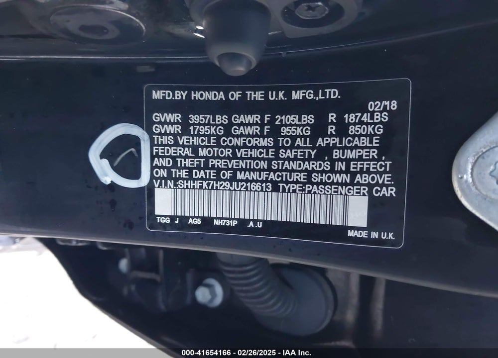 2018 HONDA CIVIC VIN: SHHFK7H29JU216613