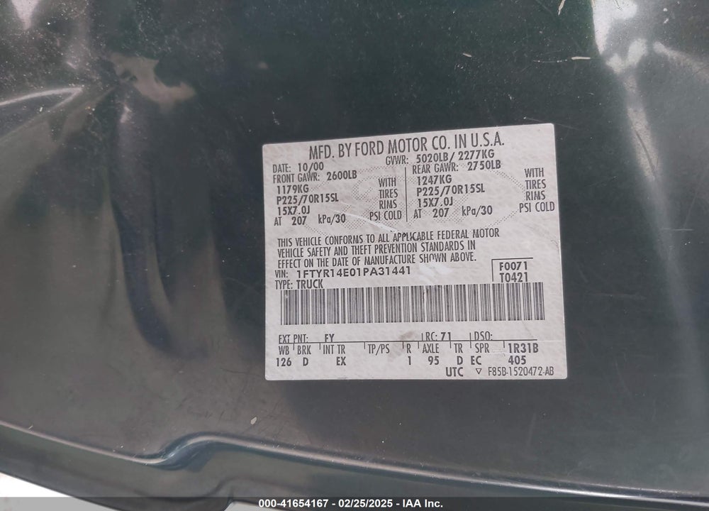 2001 FORD RANGER EDGE/XLT VIN: 1FTYR14E01PA31441