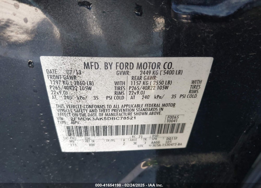 2013 FORD EDGE SPORT VIN: 2FMDK3AK5DBC78521