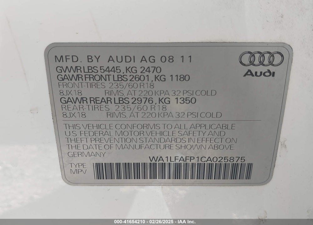 2012 AUDI Q5 2.0T PREMIUM VIN: WA1LFAFP1CA025875
