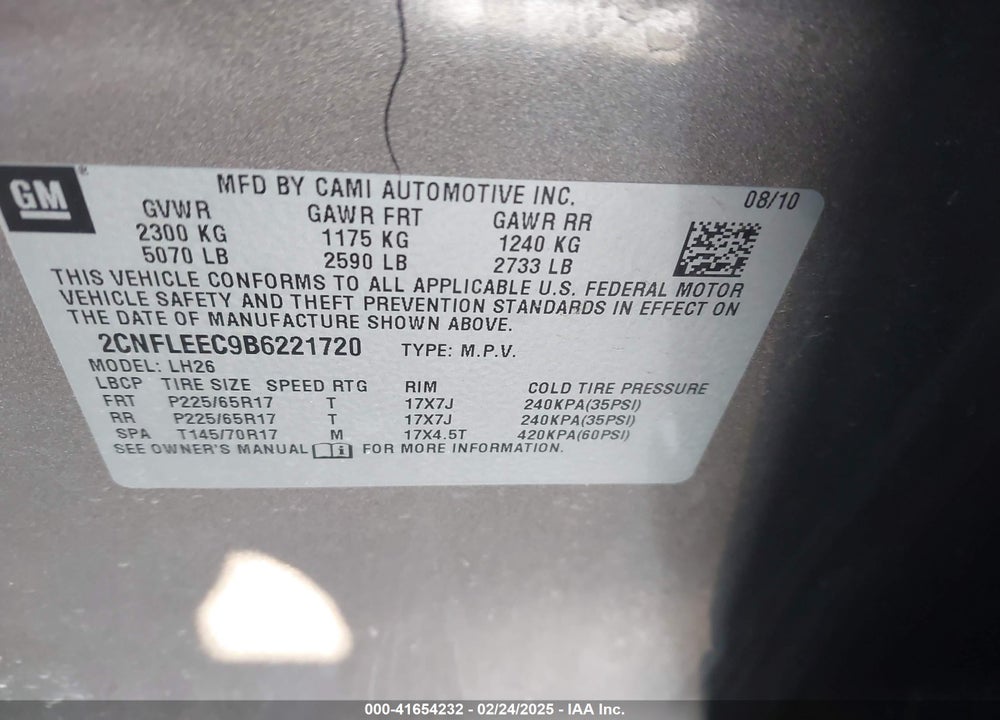 2011 CHEVROLET EQUINOX VIN: 2CNFLEEC9B6221720