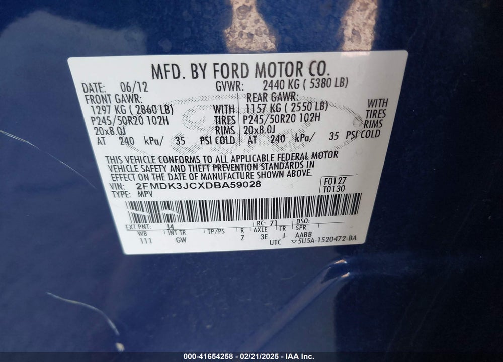 2013 FORD EDGE SEL VIN: 2FMDK3JCXDBA59028