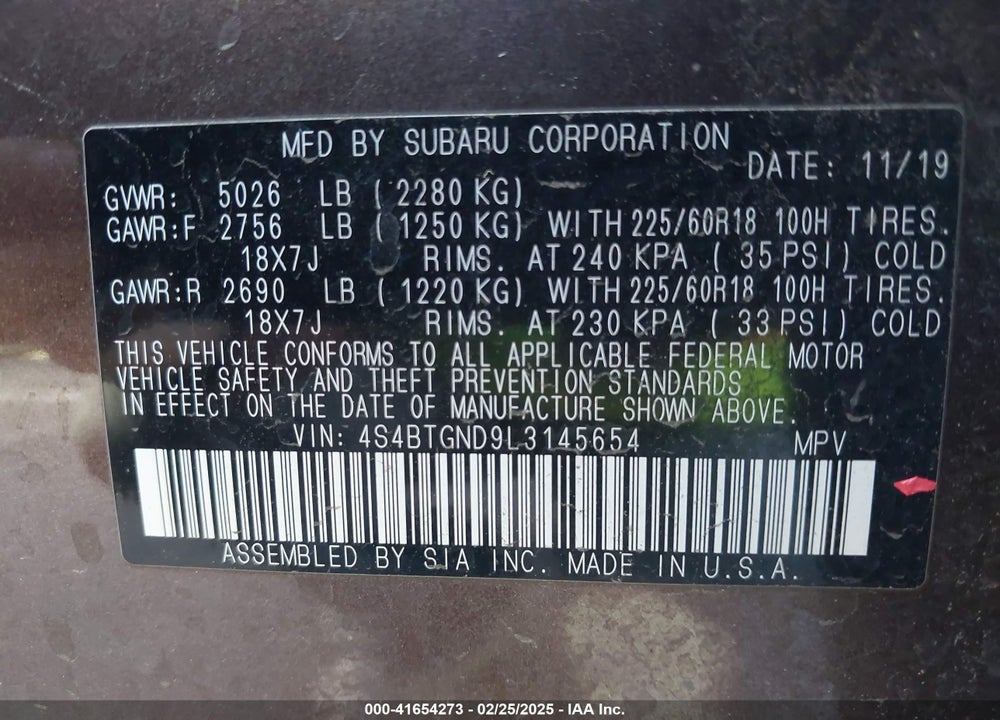 2020 SUBARU OUTBACK VIN: 4S4BTGND9L3145654