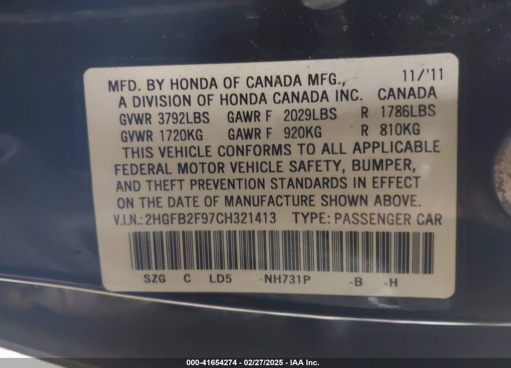 2012 HONDA CIVIC VIN: 2HGFB2F97CH321413