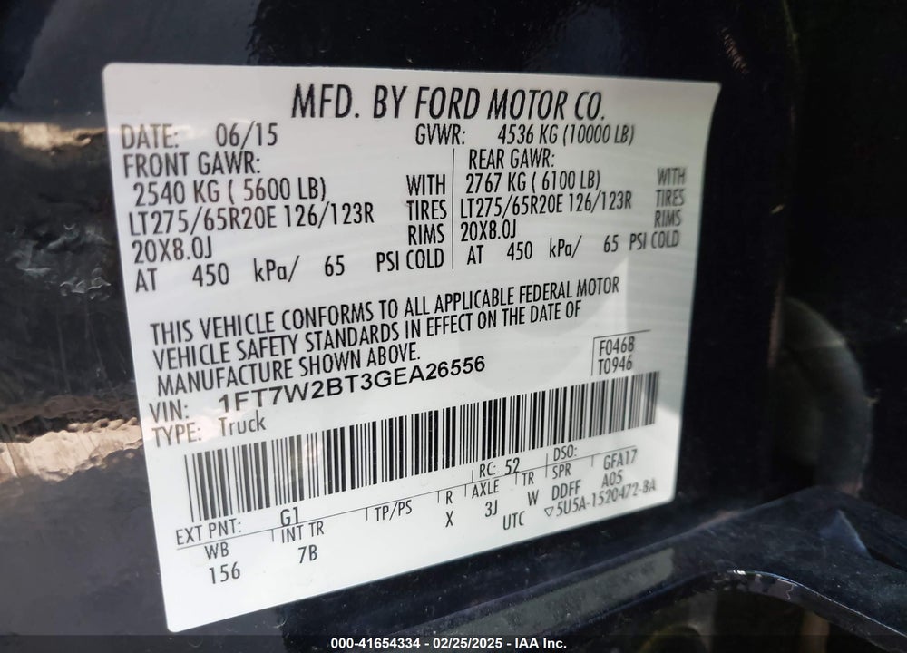 2016 FORD F-250 LARIAT VIN: 1FT7W2BT3GEA26556