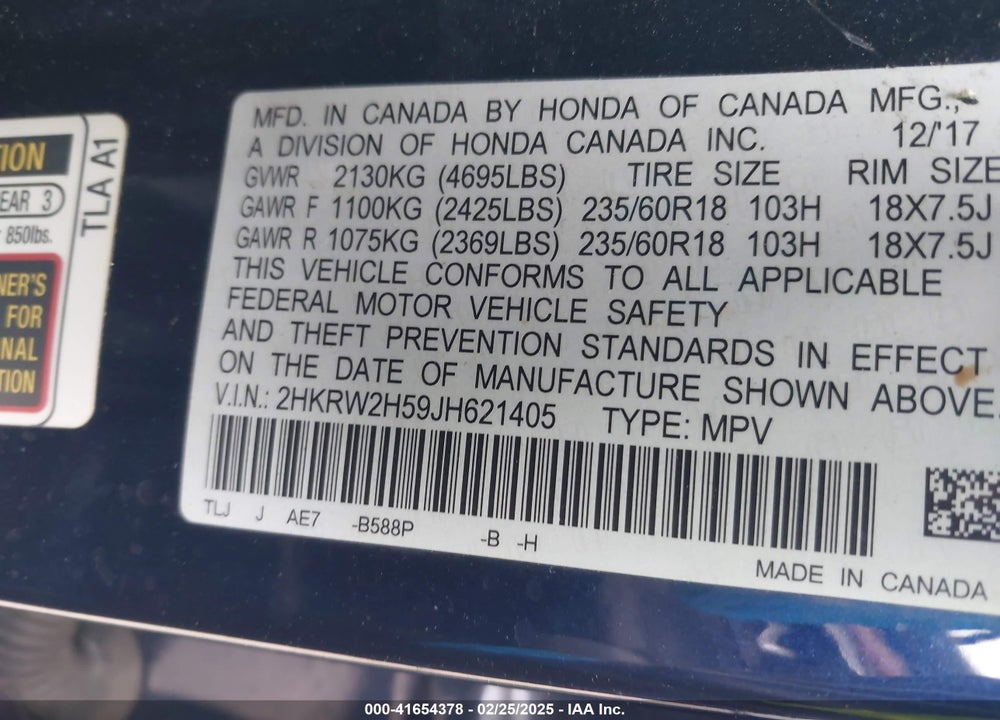 2018 HONDA CR-V VIN: 2HKRW2H59JH621405