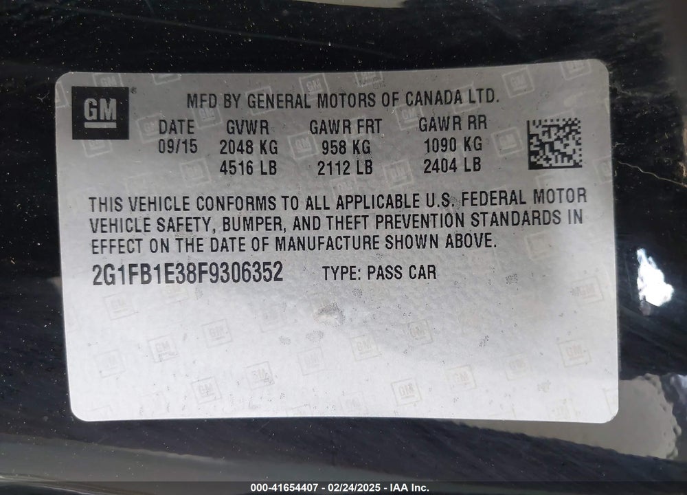 2015 CHEVROLET CAMARO VIN: 2G1FB1E38F9306352