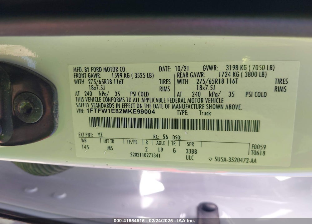2021 FORD F-150 VIN: 1FTFW1E82MKE99004