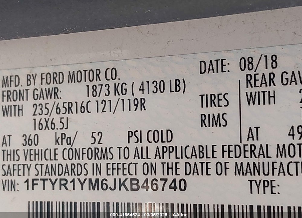2018 FORD TRANSIT-250 VIN: 1FTYR1YM6JKB46740