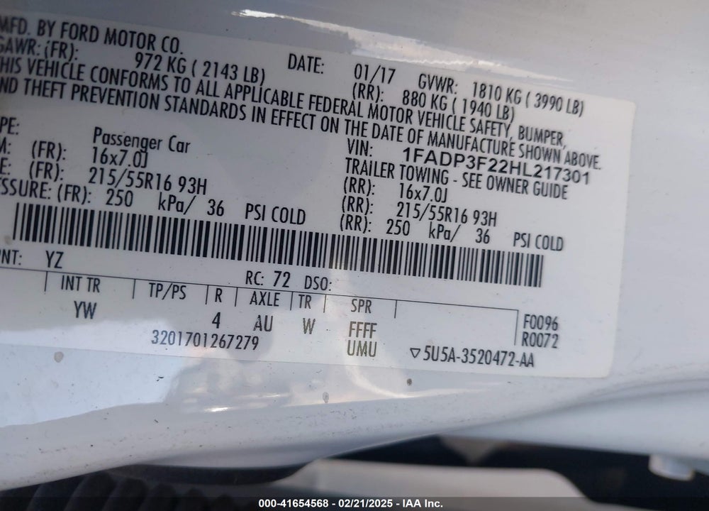 2017 FORD FOCUS VIN: 1FADP3F22HL217301