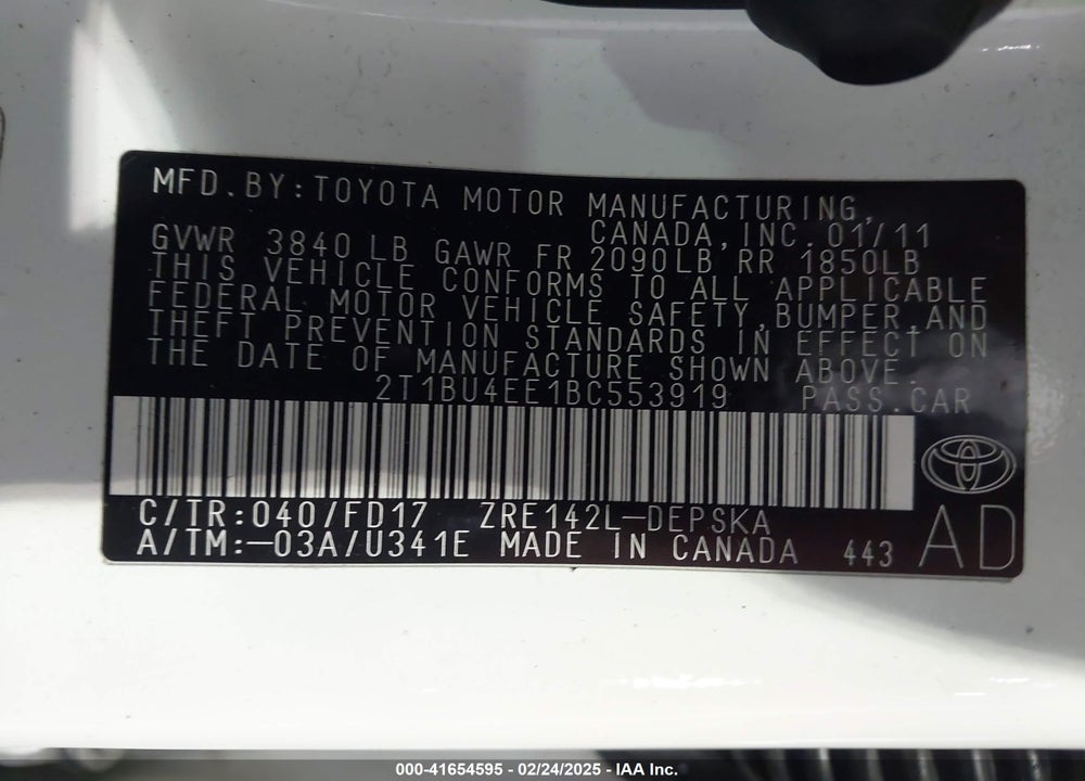 2011 TOYOTA COROLLA VIN: 2T1BU4EE1BC553919