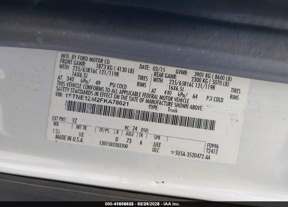 2015 FORD TRANSIT VIN: 1FTNE1ZM2FKA78621
