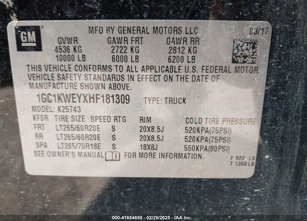 2017 CHEVROLET SILVERADO 2500HD VIN: 1GC1KWEYXHF181309