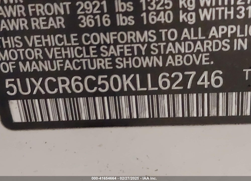 2019 BMW X5 XDRIVE40I VIN: 5UXCR6C50KLL62746