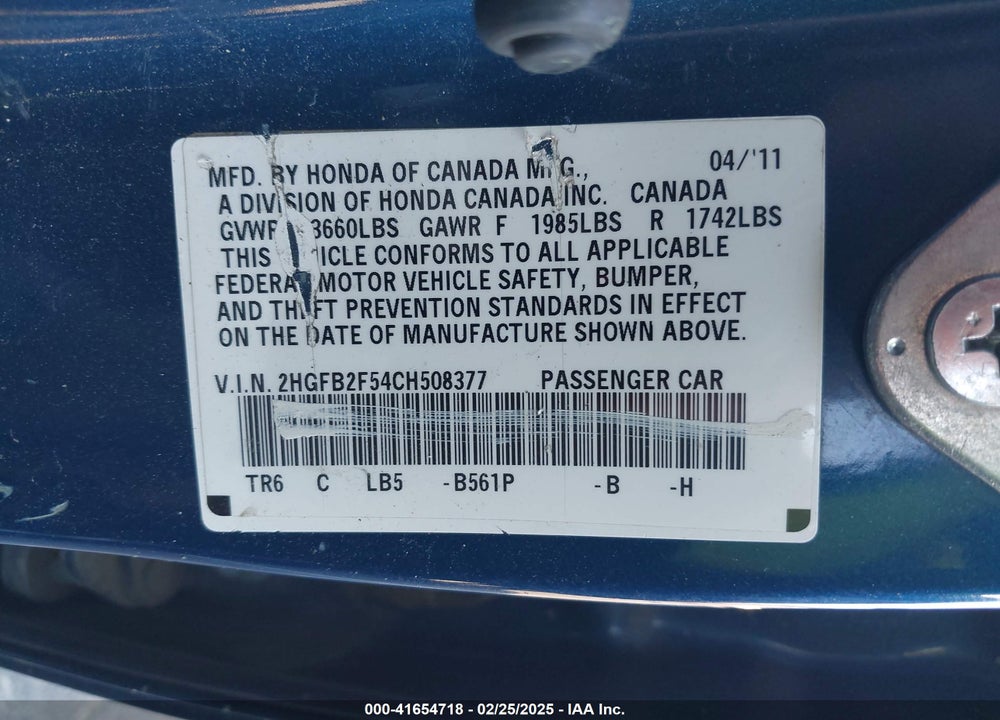 2012 HONDA CIVIC VIN: 2HGFB2F54CH508377