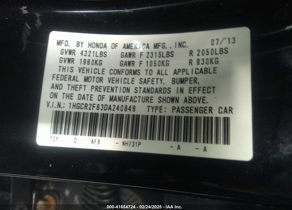 2013 HONDA ACCORD VIN: 1HGCR2F83DA240849