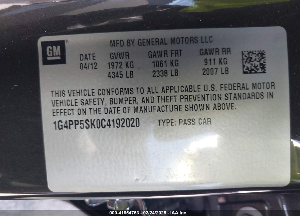 2012 BUICK VERANO VIN: 1G4PP5SK0C4192020