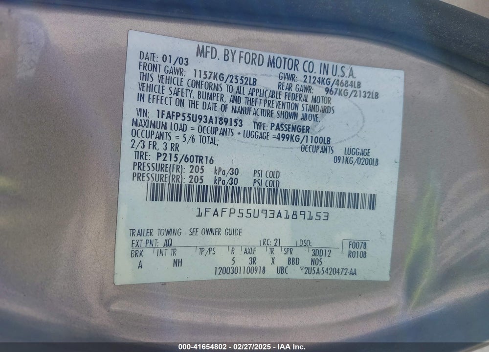 2003 FORD TAURUS SES VIN: 1FAFP55U93A189153