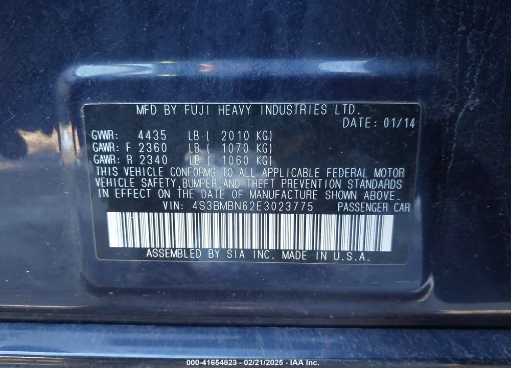 2014 SUBARU LEGACY VIN: 4S3BMBN62E3023775