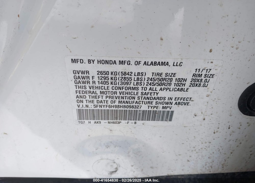 2017 HONDA PILOT VIN: 5FNYF6H98HB098327