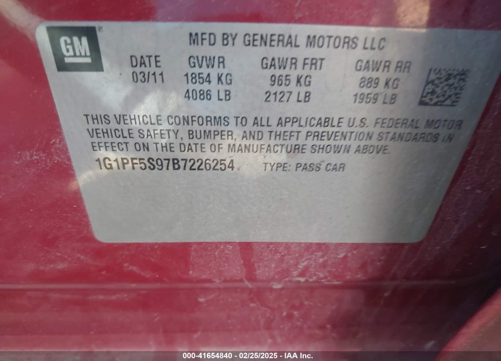 2011 CHEVROLET CRUZE VIN: 1G1PF5S97B7226254