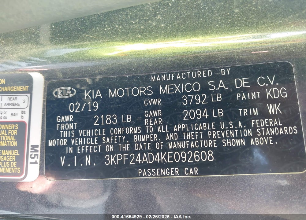 2019 KIA FORTE VIN: 3KPF24AD4KE092608