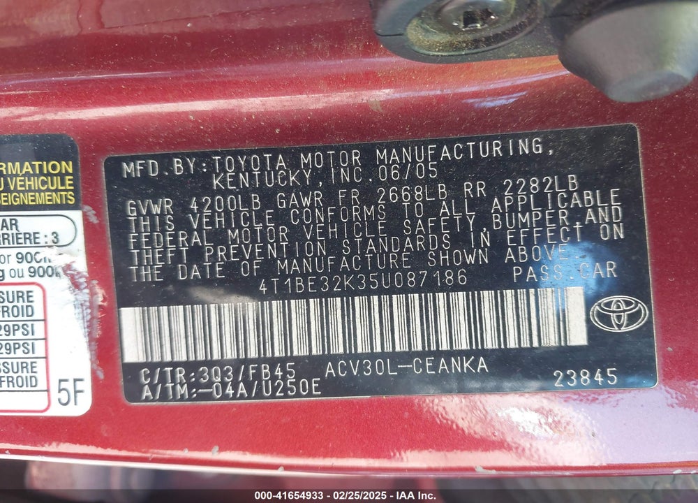 2005 TOYOTA CAMRY VIN: 4T1BE32K35U087186