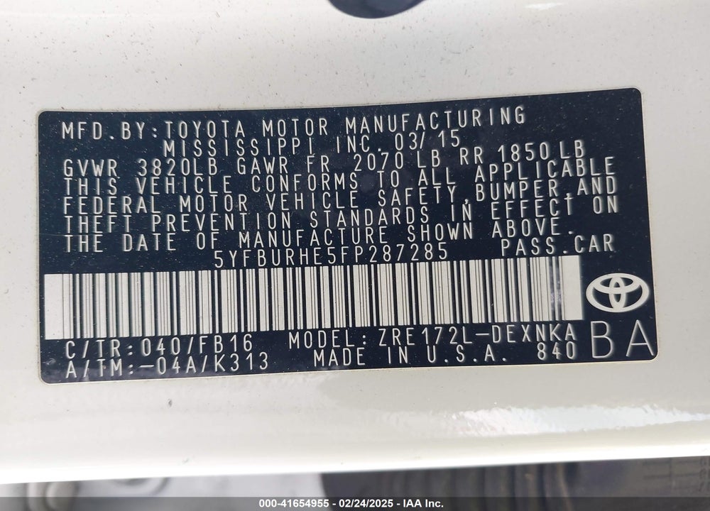 2015 TOYOTA COROLLA LE VIN: 5YFBURHE5FP287285