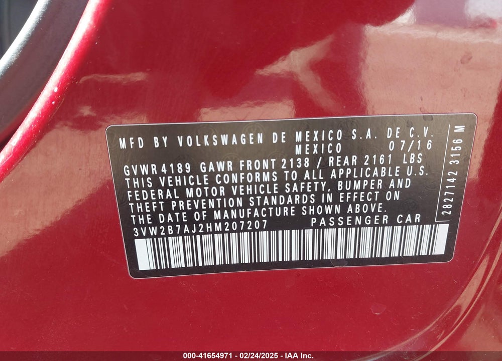 2017 VOLKSWAGEN JETTA VIN: 3VW2B7AJ2HM207207