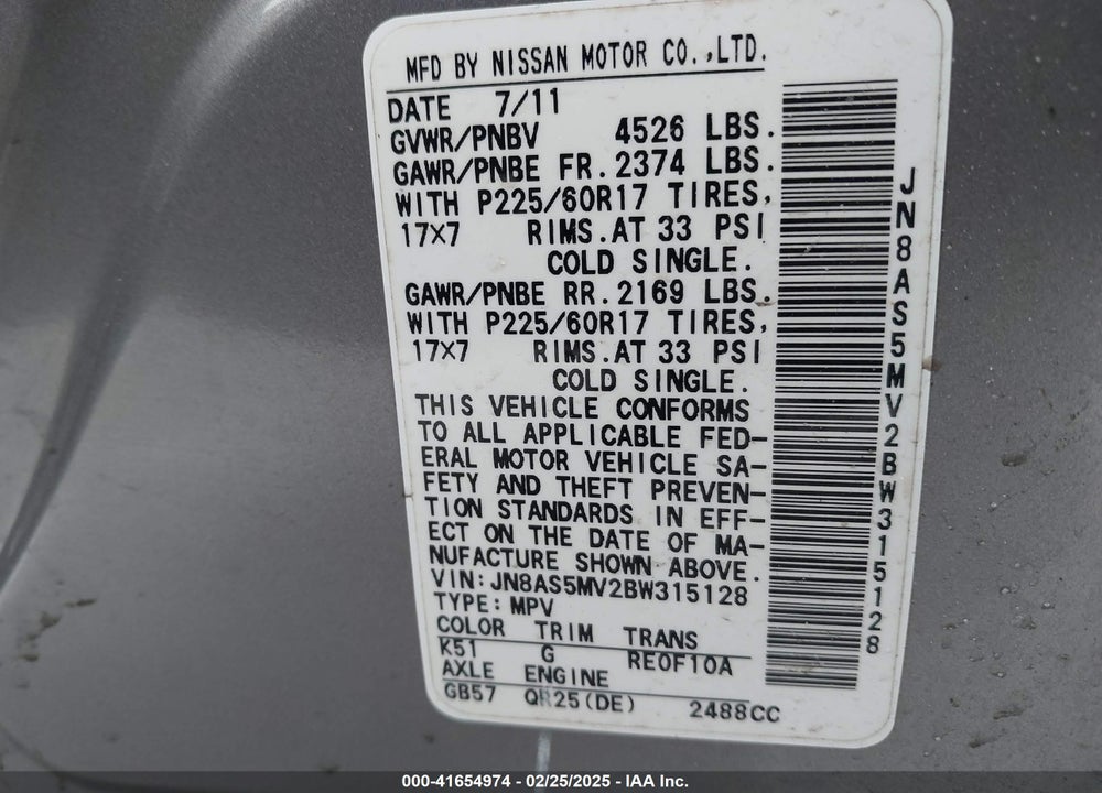 2011 NISSAN ROGUE SV VIN: JN8AS5MV2BW315128