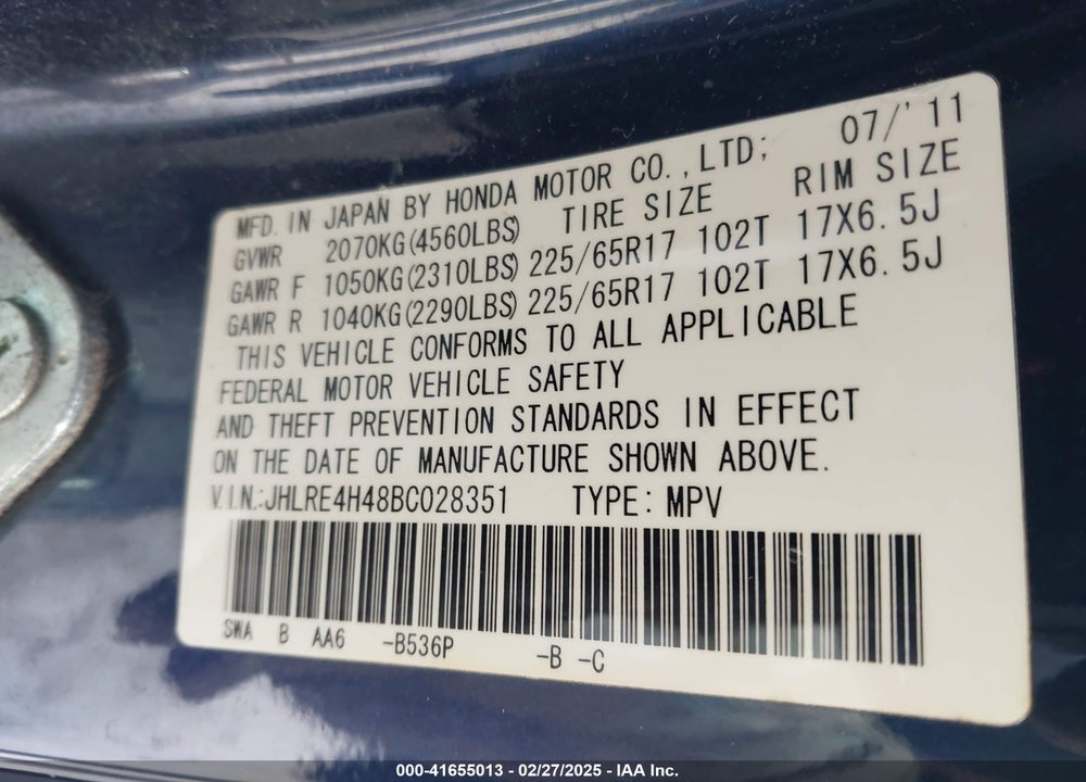 2011 HONDA CR-V VIN: JHLRE4H48BC028351