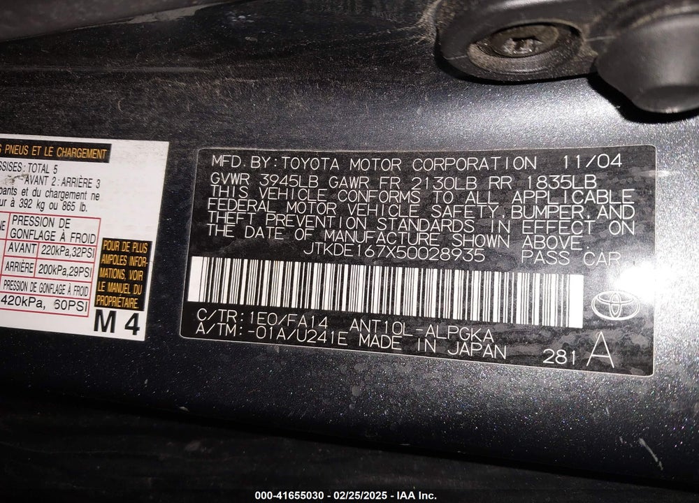 2005 SCION TC VIN: JTKDE167X50028935