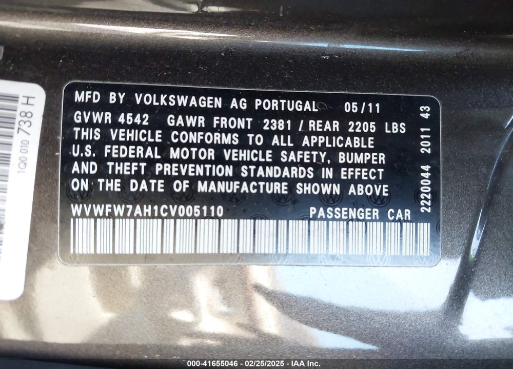 2012 VOLKSWAGEN EOS LUX VIN: WVWFW7AH1CV005110