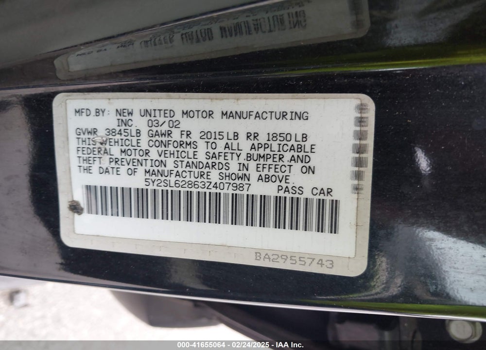 2003 PONTIAC VIBE VIN: 5Y2SL62863Z407987