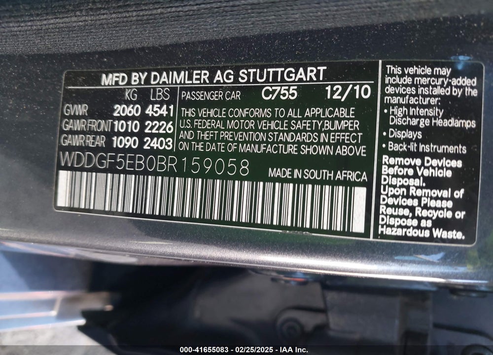 2011 MERCEDES-BENZ C 300 VIN: WDDGF5EB0BR159058