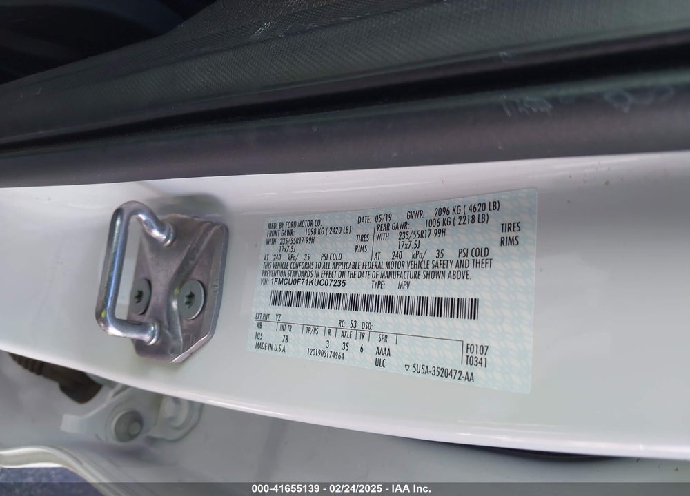 2019 FORD ESCAPE VIN: 1FMCU0F71KUC07235