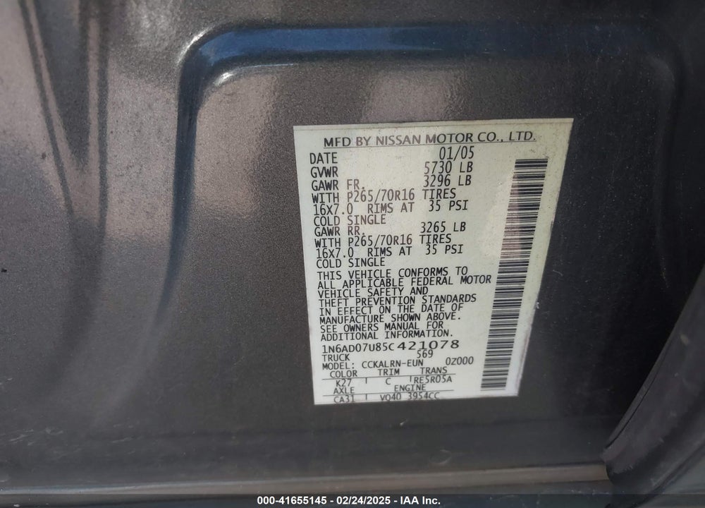 2005 NISSAN FRONTIER VIN: 1N6AD07U85C421078