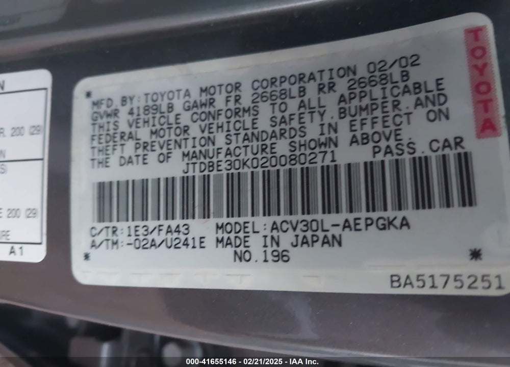 2002 TOYOTA CAMRY XLE VIN: JTDBE30K020080271