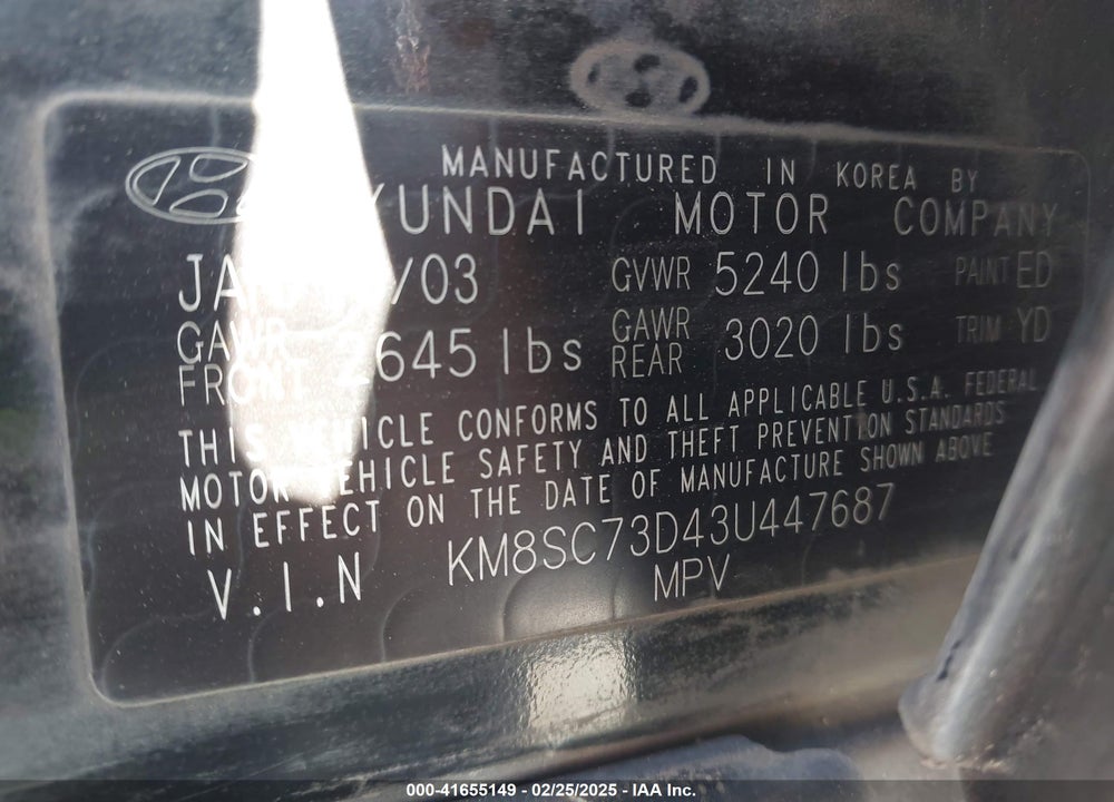 2003 HYUNDAI SANTA FE GLS/LX VIN: KM8SC73D43U447687