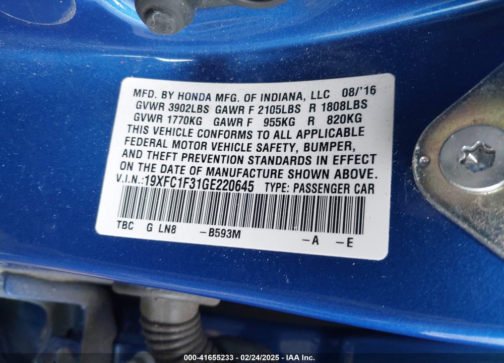 2016 HONDA CIVIC VIN: 19XFC1F31GE220645
