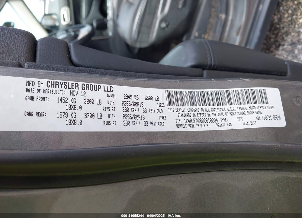 2013 JEEP GRAND CHEROKEE VIN: 1C4RJFAG6DC610234
