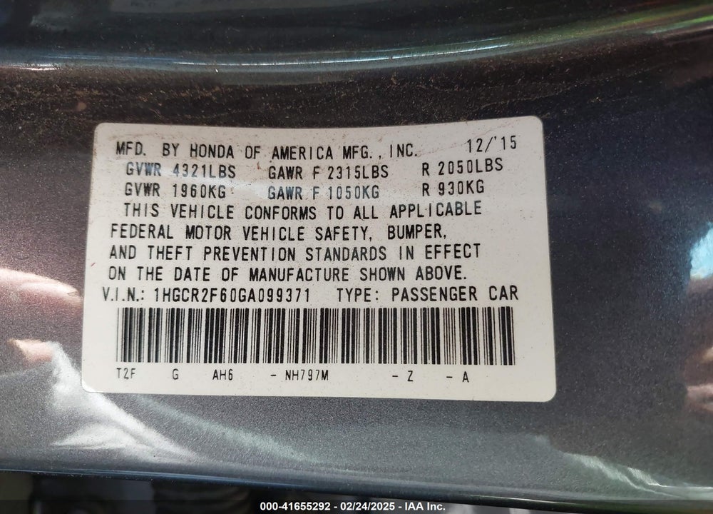 2016 HONDA ACCORD VIN: 1HGCR2F60GA099371